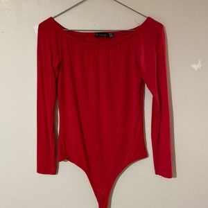 off the shoulder red bodysuit
